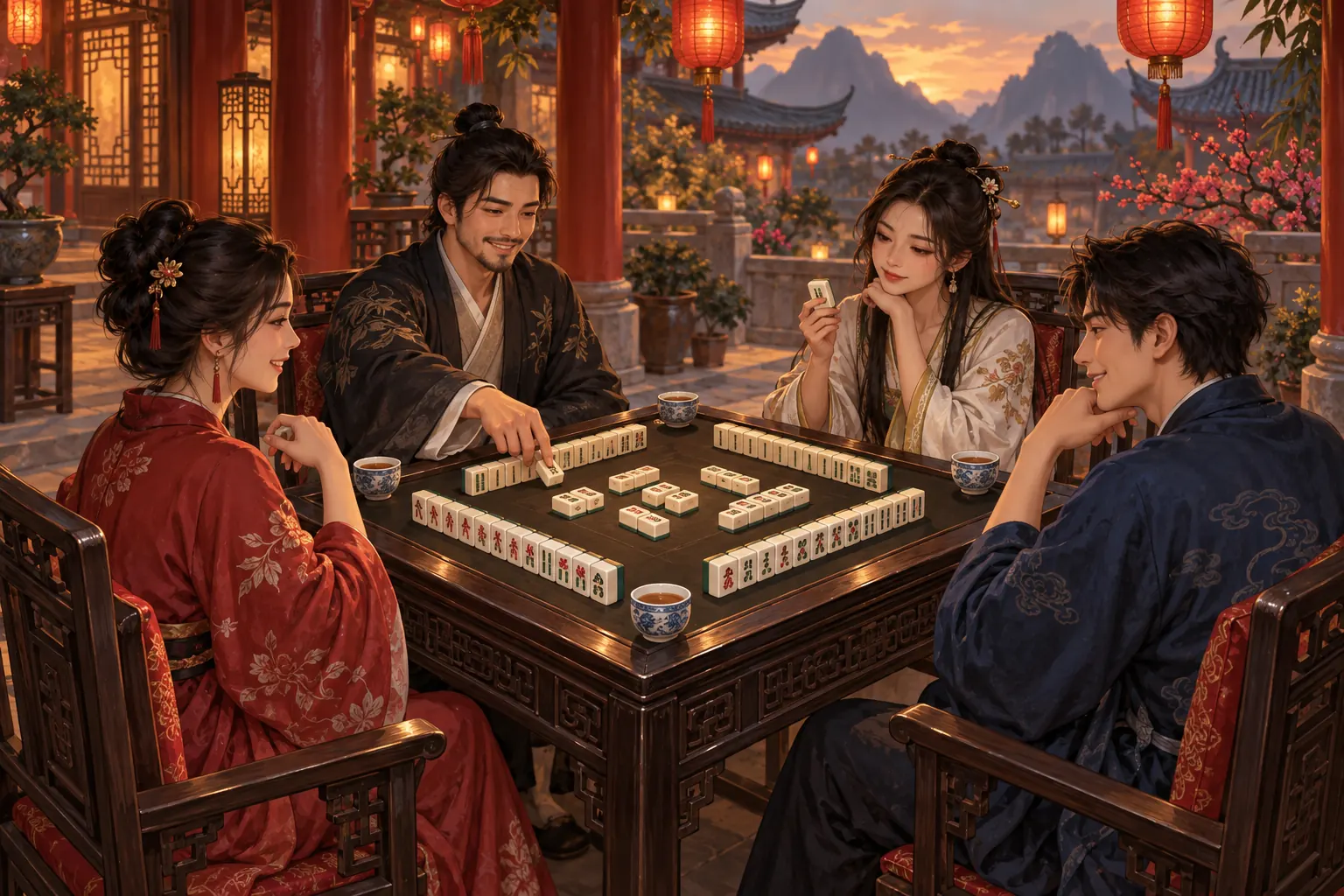 Four friends playing mahjong around a wooden table with tea, red lanterns, and mountains beyond a traditional courtyard at sunset.